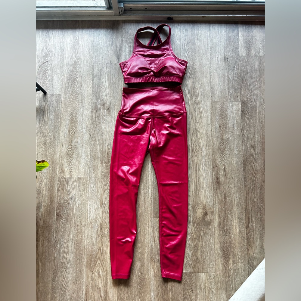High-Waist Faux Leather Leggings and Crop Top Set - Burgundy